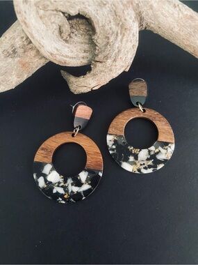 🍏50% OFF/3+...Hand Crafted Black, White and Brown Terrazzo Hoop Earrings